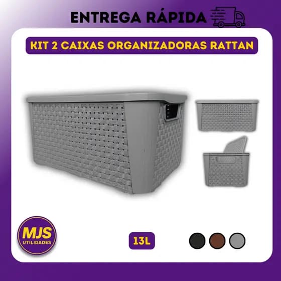 Kit 2 Caixa Organizadora Rattan 13 Litros Multiuso Com Tampa Empilhavel Quarto Banheiro Cozinha 13L