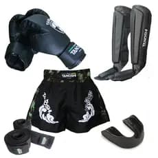 Kit completo Infantil MuayThai luva boxe Caneleira Bandagem Bucal e shorts