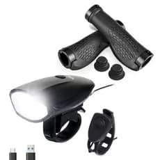 Lanterna Farol Led Bike C/ Buzina + Manopla Punho Anatômico C/ Trava Bike Bicicleta Ciclismo