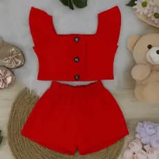 Conjunto infantil Meninas 4 ao 12 blusa manga babado com botoes + shorts conjunto infantil premium