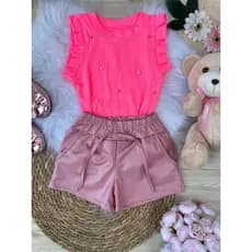Conjunto infantil meninas blusa e SHORTS couro cirre conjunto infantil feminino verão blogueirinha
