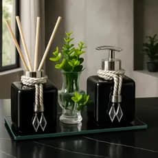 Kit Lavabo Completo Frasco Pet 300ml Aromatizador e Saboneteira Com Bandeja Vaso Planta