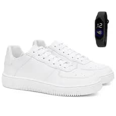 Tenis Air Branco Preto Force Masculino Feminino Básico Casual Confortável Leve + Relógio Slim Kit
