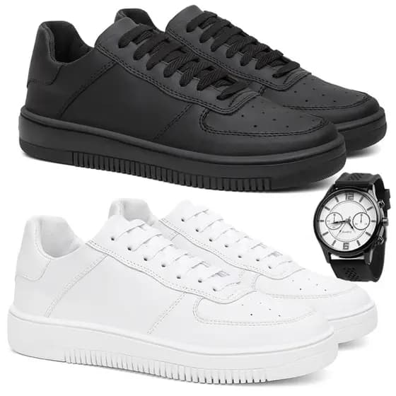 Tenis Masculino Air Kit 2 Pares Preto Branco Basico Para Caminhada Treino Ortopédico Force + Relógio