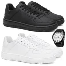 Tenis Masculino Air Kit 2 Pares Preto Branco Basico Para Caminhada Treino Ortopédico Force + Relógio