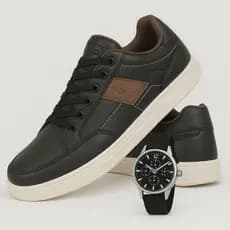 Sapatenis Couro Sintético Tenis Masculino Basico Kit Relogio Confort Leve Ortopédico