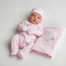Conjunto Saída Maternidade Bebê Menina Rosa Tema Ovelhinha 4 Peças Macio e Delicado Bordada