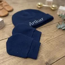 Touca Luva Bebê Azul Marinho Nome Bordado Personalizado Menino