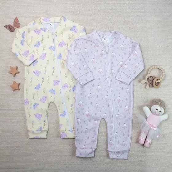 Combo 2 Peças Macacão Soft Bebê Menina Quentinho Pijama Estampado Zíper Fácil Vestir