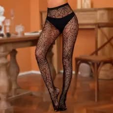 Meia Calça de Renda Teia de Aranha Cor Preta - Feminina Elegância e Sedução