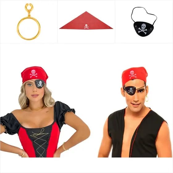 Fantasia Pirata Luxo Bandana + Tapa Olho + Brinco De Pressão Carnaval Festas Fantasias Halloween