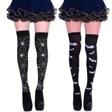 Meia Morcego e Teia de Aranha Longa 7/8 Cor Preta Festa Fantasia Bruxa Halloween Gótica