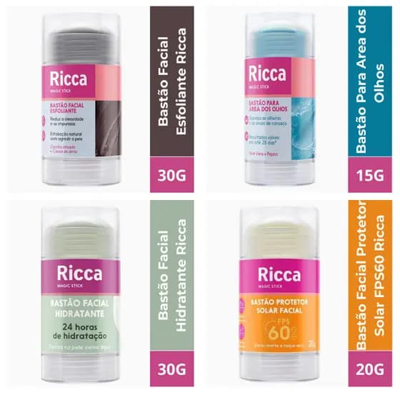 Kit ou Avulso Bastão Ricca Area Olhos Protetor Solar Hidratante Esfoliante Multifuncional Efeito Geladinho - Ricca