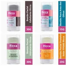 Kit ou Avulso Bastão Ricca Area Olhos Protetor Solar Hidratante Esfoliante Multifuncional Efeito Geladinho - Ricca
