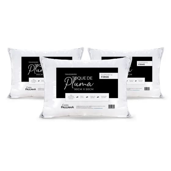 Kit 3 Travesseiros rolinho Toque de Pluma Suporte Firme 90 cm x 50 cm
