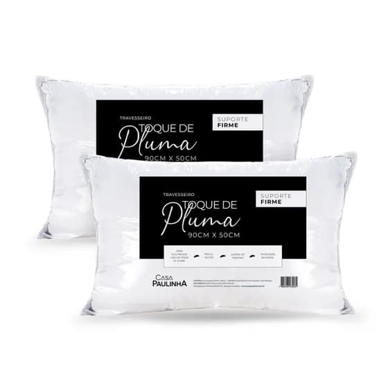 Kit 2 Travesseiros Pluma em Percal 180 Fios Firme Alto e Confortável 90cm x 50cm
