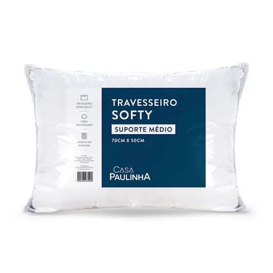 01 Travesseiro Softy Fibra Siliconizada Suporte Médio 70cm x 50cm Baixo e Macio Casa Paulinha