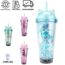 Copo Parede Dupla com Glitter e LED 450 ML com Canudo e Tampa Gato de Plástico