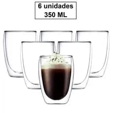 Conjunto 6 Copos Parede Dupla de Vidro 350 ml para Café Chá Suco Cerveja Chopp Copo Duplo Isolante KIT 6 Copos