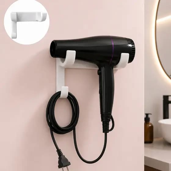 Suporte Secador de Cabelo Parede Adesivo Sem Furos Organizador Banheiro Com Porta Cabo Universal