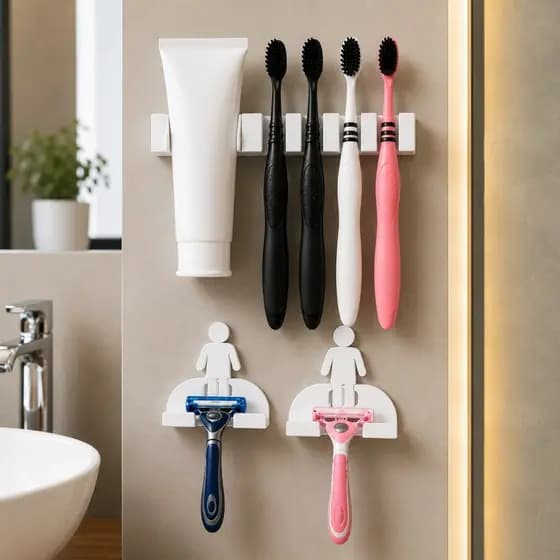 Kit Organizador Banheiro Porta Escovas de Dente Pasta Suporte para Gilete Toalha Design Moderno Compacto