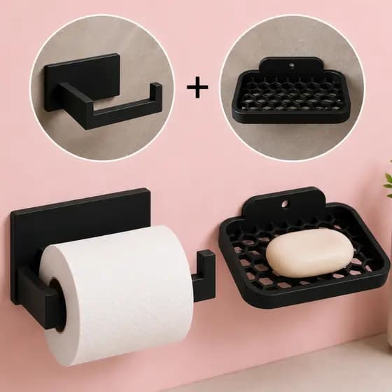 Kit Suporte Porta Papel Higiênico e Saboneteira de Parede Sem Furo Autocolante Organizador Banheiro