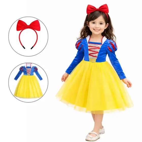 Fantasia Infantil Branca de Neve Festas Meninas Vestido Longo Tiara Kit 2 pçs Completa Princesa Disney Cosplay