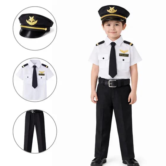 Fantasia Aviador Piloto de Avião Infantil Comandante Menino Unissex Carnaval Aniversário Festa Companhia Aérea Uniforme