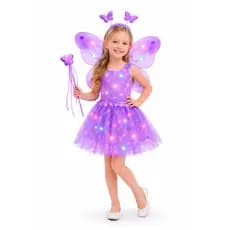 Kit Fantasia Borboleta Led Infantil Menina 4 pçs Asa Saia Tule Tiara Varinha Festa Aniversário Fada Conto de Fadas Pisca