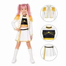 Fantasia Infantil KPOP Luxo Guerreira Idol K-Pop Jaqueta Blusa Saia Fantasia Show Cosplay Carnaval Branca e Dourado Rumi