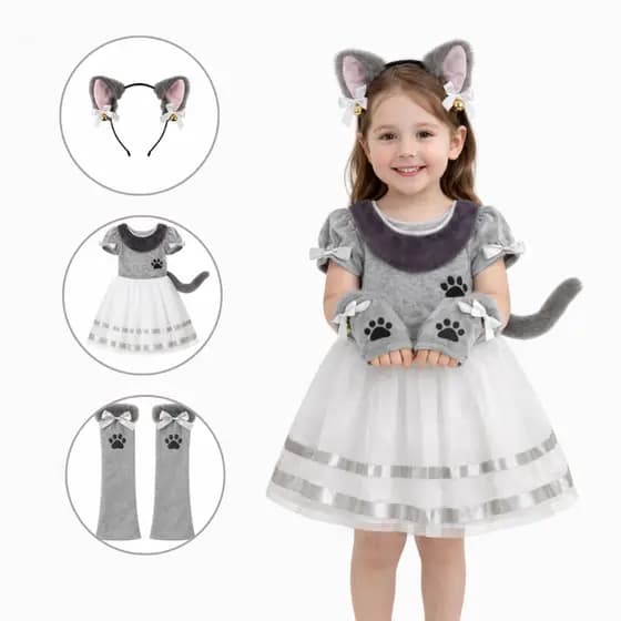 Fantasia de Gatinho Infantil Gatinha Menina 3 pçs Vestido Tiara Luvas Rabinho Cinza Rosa Acessórios Halloween Festas
