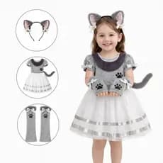 Fantasia de Gatinho Infantil Gatinha Menina 3 pçs Vestido Tiara Luvas Rabinho Cinza Rosa Acessórios Halloween Festas