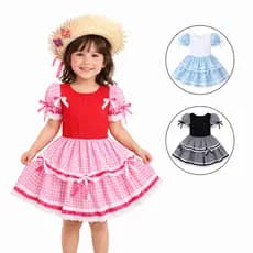 Vestido Rodado de Caipira Menina Infantil Xadrez Quadriculado de Babados Azul Preto Rosa Vermelho Festa Julina Quadrilha