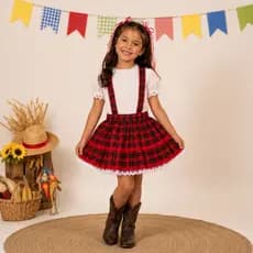 Saia com Suspensório Infantil Vestido de Quadrilha com Calção Festa Junina Junino Caipira São João Julino Arraiá