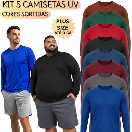 Kit 5 Camisetas Uv Plus Size Masculina Verão Segunda Pele Proteção Solar Cores Sortidas
