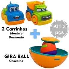 Kit 3 pçs Brinquedo Sensorial Didático Carrinho Monta/Desmonta Pião Gira Ball Bolinhas Colorido