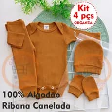 4 peças Body Calça Touca Luva Conjunto Organza Saida Maternidade 100% Algodão RN (PP) Recém Nascido