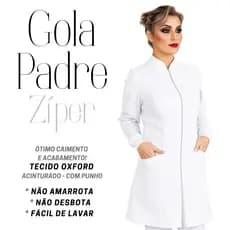 JALECO FLZ Feminino Acinturado Gola Padre manga longa Ziper Oxford Branco Preto Rosa Pronta entrega