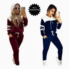 Kit 2 Conjuntos de Frio Feminino Calça e Blusa Moletom Malha Crepe com Capuz Inverno