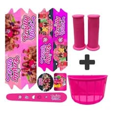 Kit Infantil Bike Cesta Rosa + Adesivo + Manopla  Emilly Vick Menina P/ Bike Aro 16/20