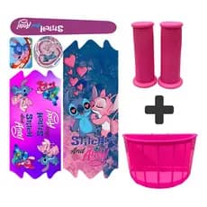 Kit Infantil Bike Cesta Rosa + Adesivo Stitch &Angel  Para Menina Bicicleta Aro 16/20
