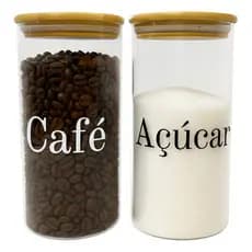 Kit 2 Potes Vidro Tampa Bambu 1200 Ml Café Açucar Hermético Porta Mantimentos