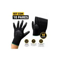 Kit 10 Pares Luva Proteção Multitato Tátil Banhada PU Black Uso Geral Mecânico Pedreiro Pintor EPI CA