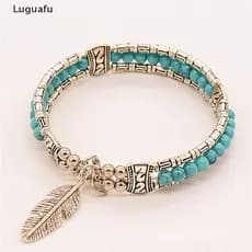 Luguafu Pulseira Feminina De Prata Tibetano Com Pena De Turquesa Vintage