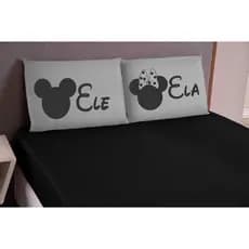jogo de lençol queen 03 peças estampado ele ela cinza preto