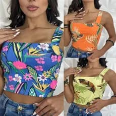 Cropped Floral Estampado Canelado Feminino Blogueira Top Alça Grossa Feminino Moderno