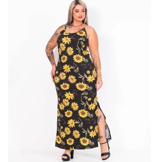 Vestido Alça Floral Estampado Canelado Modelo Curvy Plus Size Verão Fenda Lateral Alcinha Longo