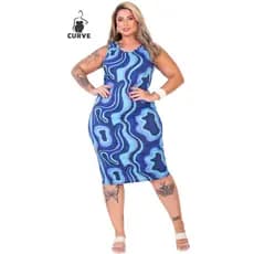 Vestido Regata Onda Modelo Plus Size Curve Canelado Alça Regata Midi Longuete Festa Praia Estampado Confortável Casual