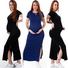 Vestido Manga Gestante Grávida Maternidade Plus Size Curve Evangélico Canelado Manga Curta Longo Modinha Fenda Lateral