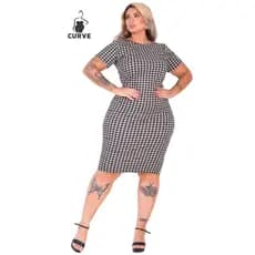 Vestido Midi Xadrez Plus Size Curve Manga Curta Festa Junina Canelado Pied Poule Gestante Moda Evangélica Feminino Justo